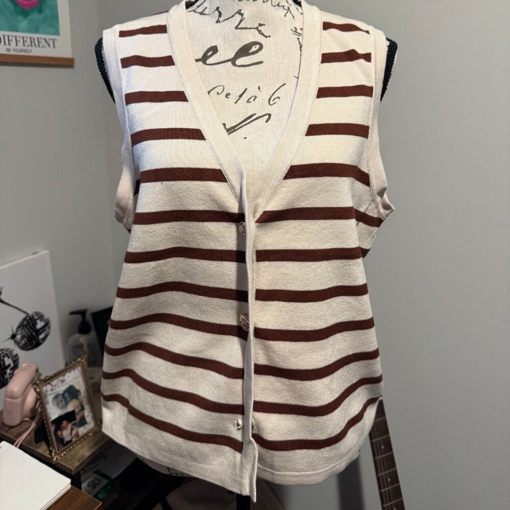 Cream & Brown Striped Sweater Vest - L
